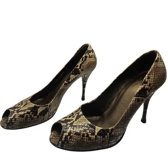 Stuart Weitzman Snakeskin Heels Brown Cream 4" Heel Sz 10.5M - Picture 3 of 10